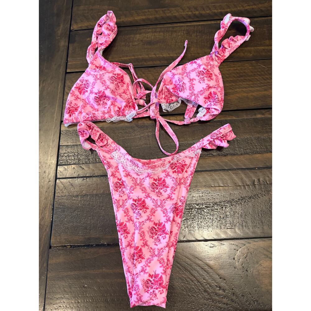 SheIn Pink Floral Ruffle Bikini Size XS